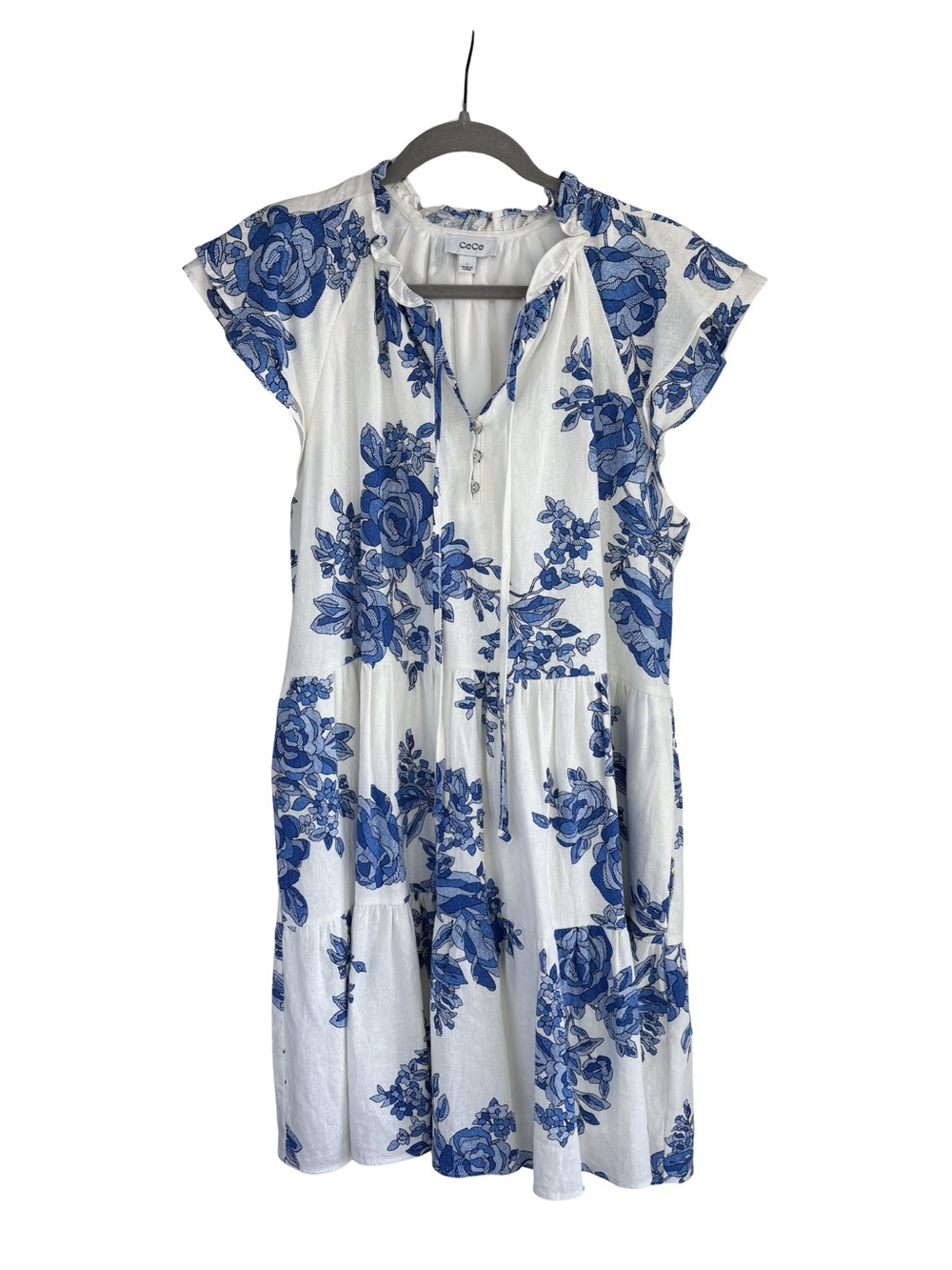 CeCe White and Blue Floral Tie-Neck Midi Dress